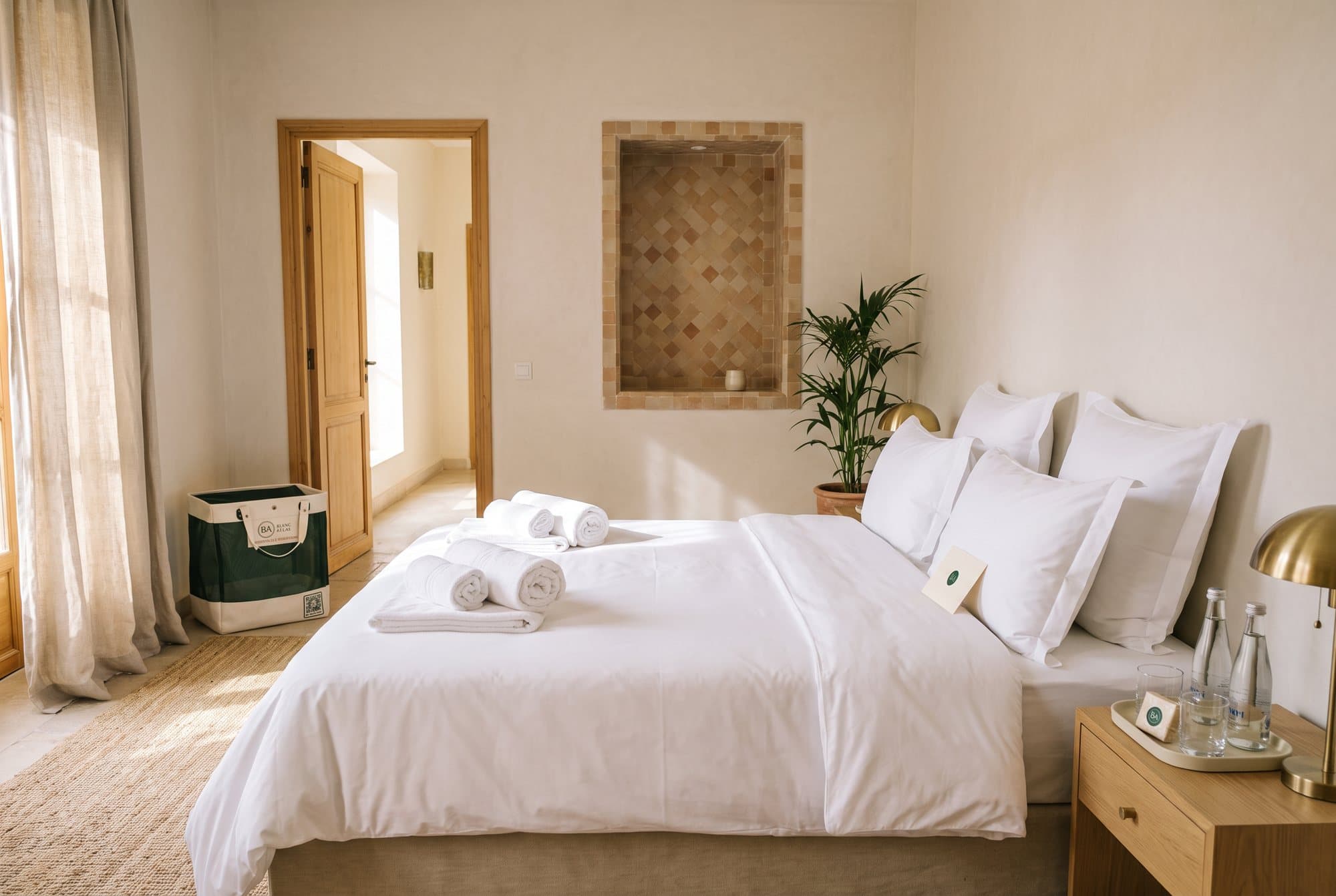 Chambre lumineuse de Marrakech prête pour les voyageurs : lit blanc, serviettes roulées, niche en zellige, plante, panier Blanc Atlas vide près de la porte