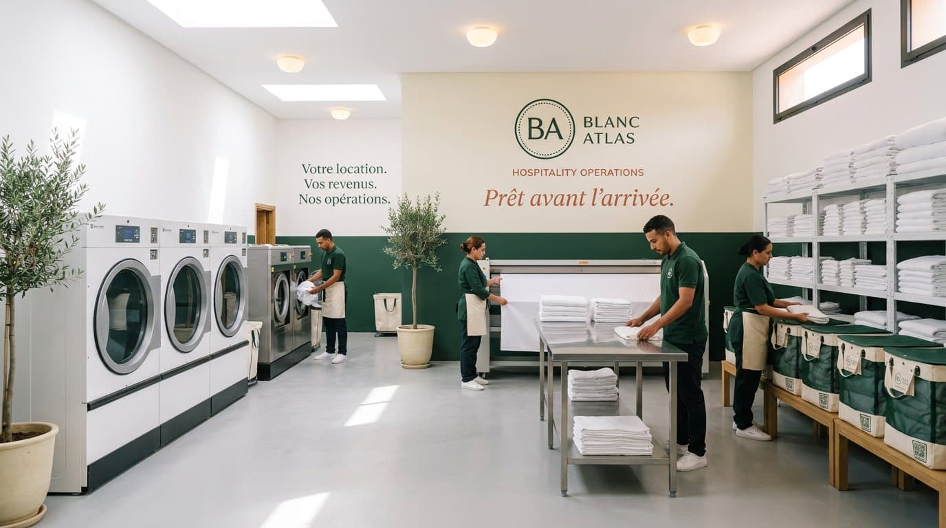 Le dépôt Blanc Atlas : machines professionnelles, calandre, étagères de linge blanc, rangée de paniers, équipe en polo vert, mur au logo et au slogan Prêt avant l’arrivée