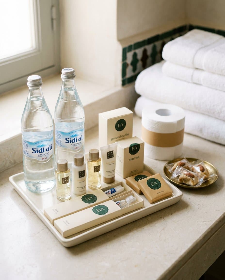 Kits de consommables Blanc Atlas complets sur plateau crème : eau Sidi Ali, minis Rituals, café, thé à la menthe, kits dentaires, savons et pâtisseries aux amandes