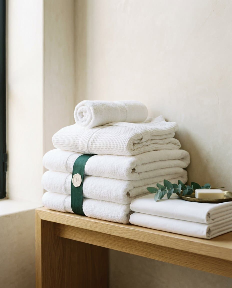 Pile de serviettes blanches épaisses ceinte d’un ruban vert au sceau Blanc Atlas, peignoir gaufré, draps pliés et savon sur un banc en chêne
