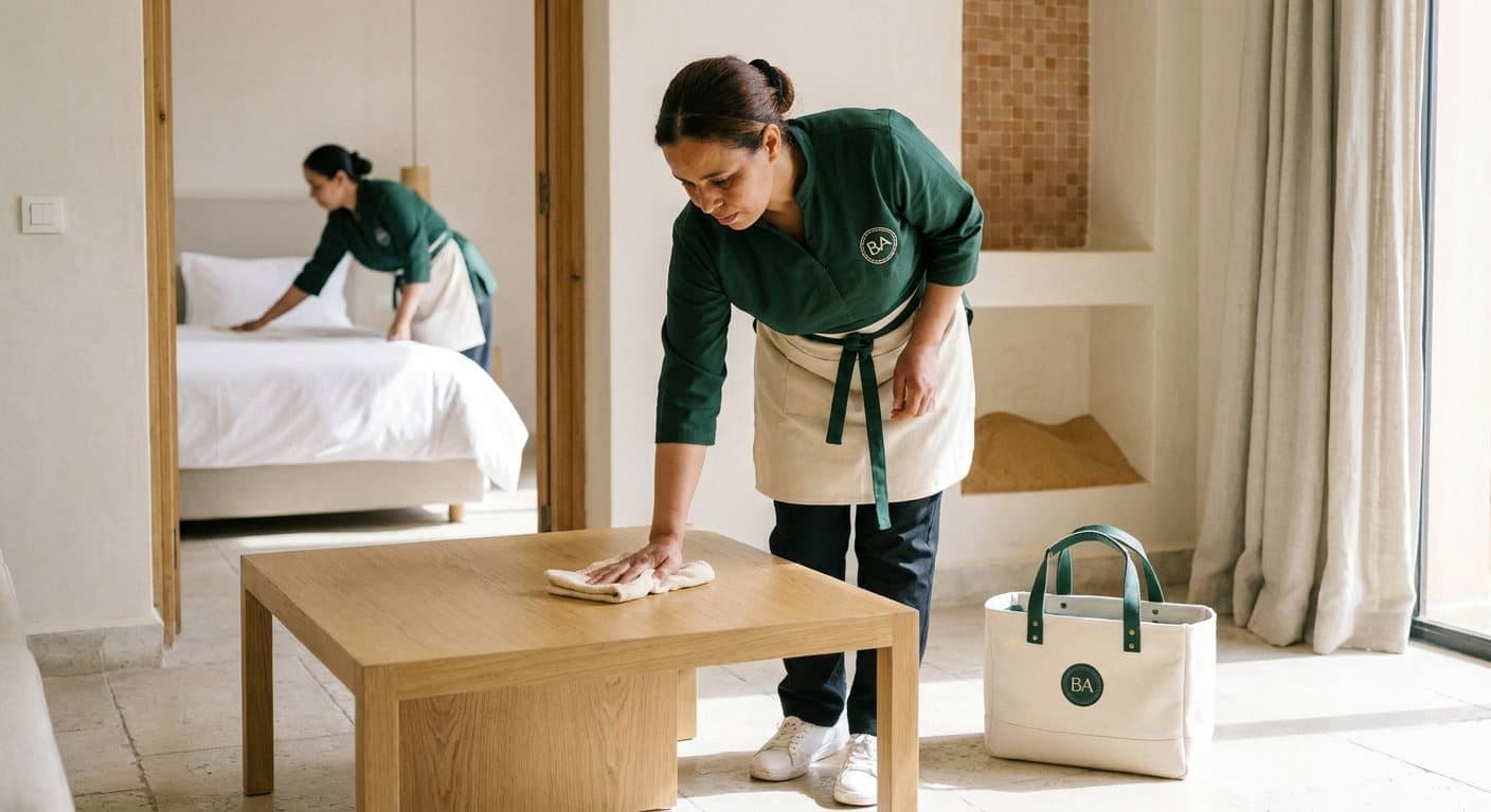 Deux intervenantes Blanc Atlas en turnover : l’une essuie une table basse en chêne, l’autre lisse la couette dans la chambre voisine
