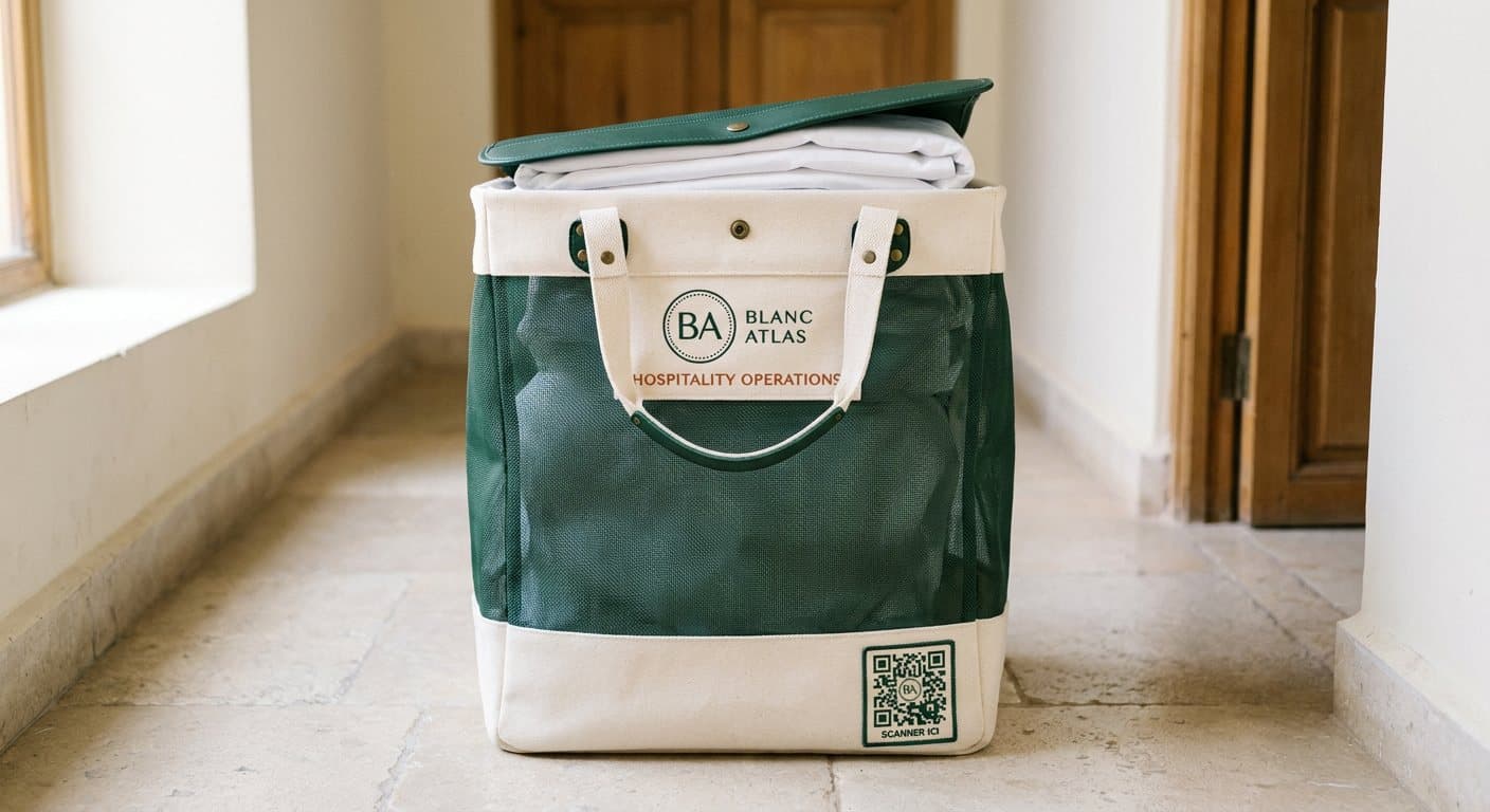 Le panier Blanc Atlas : filet vert profond, toile crème, logo brodé et étiquette QR, posé dans un couloir en pierre claire