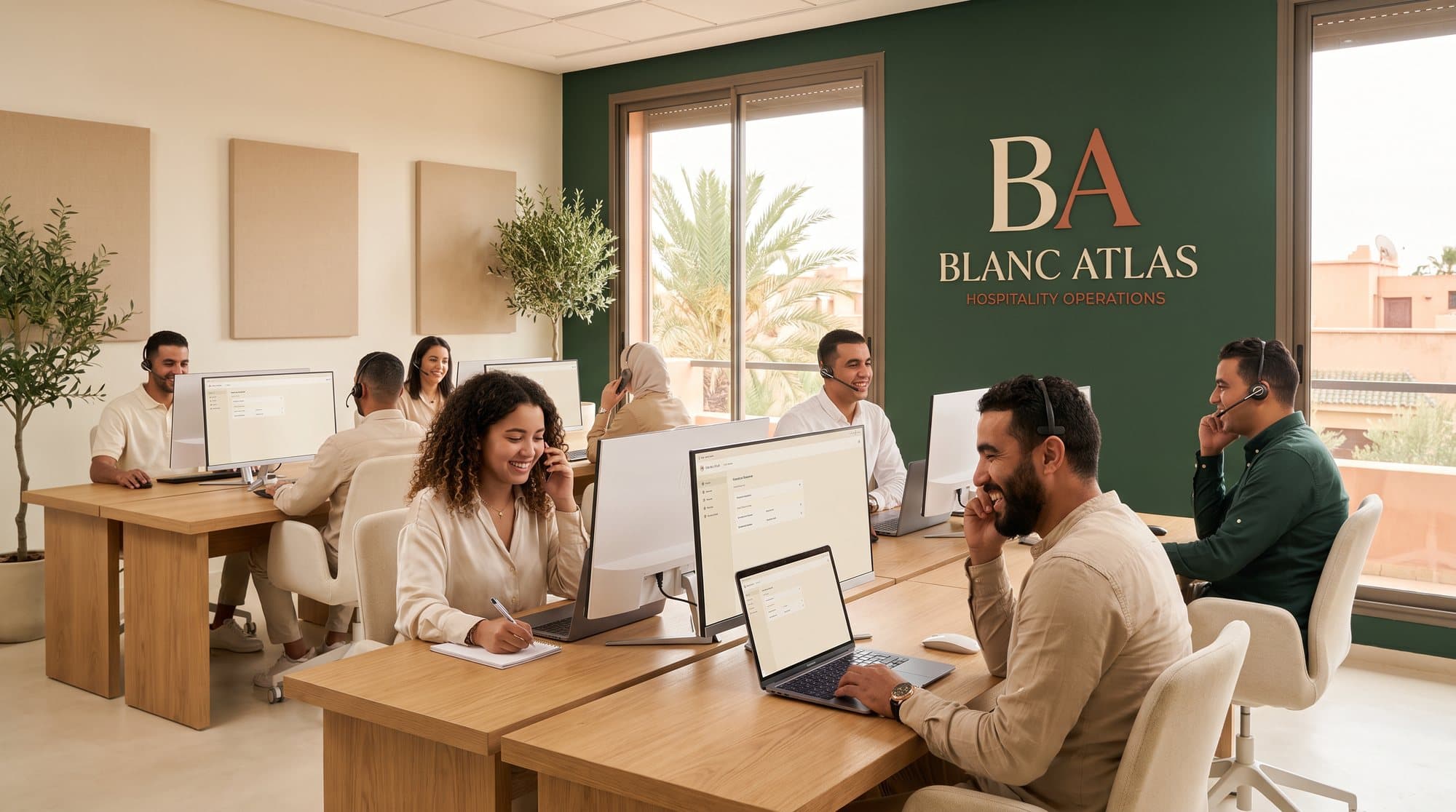 L’équipe service client Blanc Atlas au siège de Marrakech, casques téléphoniques, souriante, devant le mur vert au logo Blanc Atlas Hospitality Operations